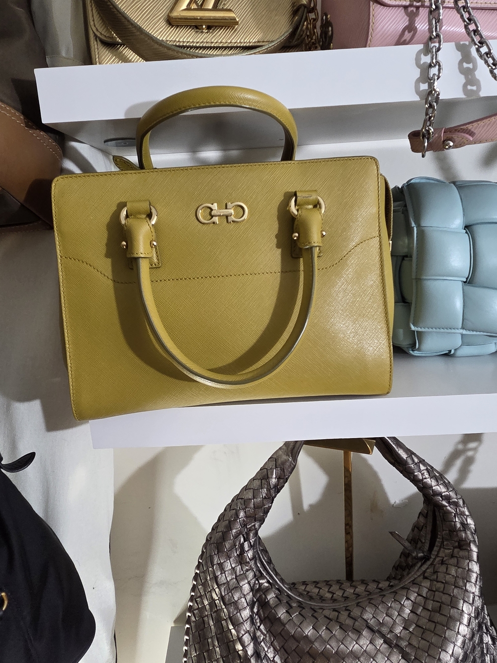 Salvatore Ferragamo Olive Yellow Leather Top-Handle Satchel